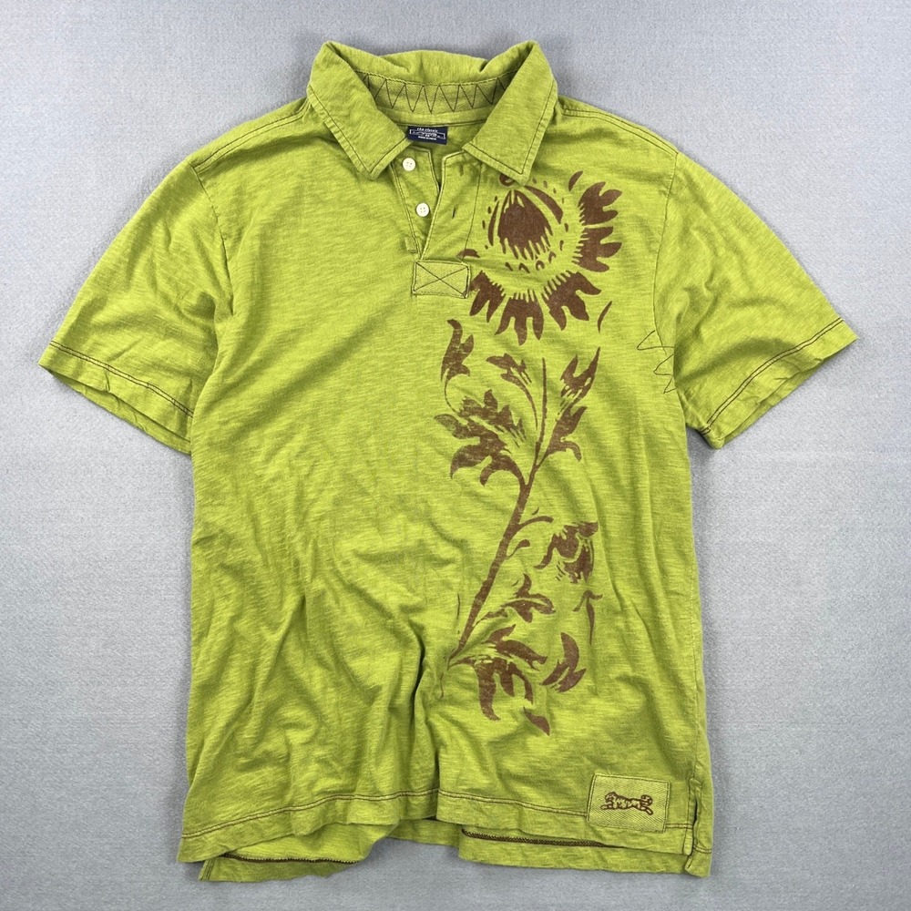 Vtg Le Tigre Mens Lime Green Slub Cotton Floral Graphic Short Sleeve Polo Shirt